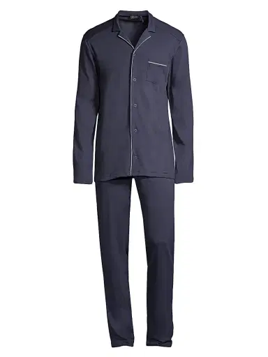 Hanro Men's Basic Piped 2-Piece Long Pajama Set - Black Iris - Size Medium | Thumbnail 1 Hanro Men's Basic Piped 2-Piece Long Pajama Set - Black Iris - Size Medium | Thumbnail 1