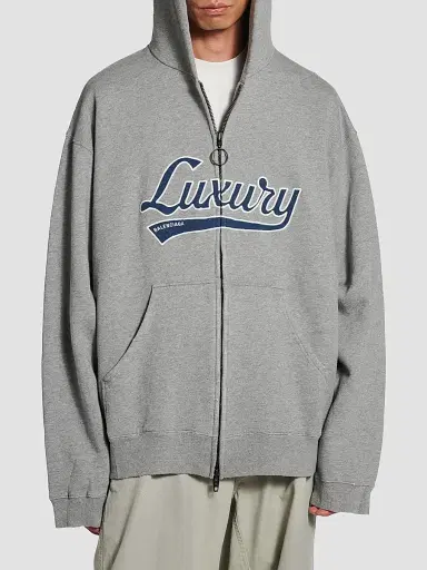 Balenciaga Men's Luxury Script Oversized Zip-Up Hoodie - Dark Heather Grey Blue | Thumbnail 3 Balenciaga Men's Luxury Script Oversized Zip-Up Hoodie - Dark Heather Grey Blue | Thumbnail 3