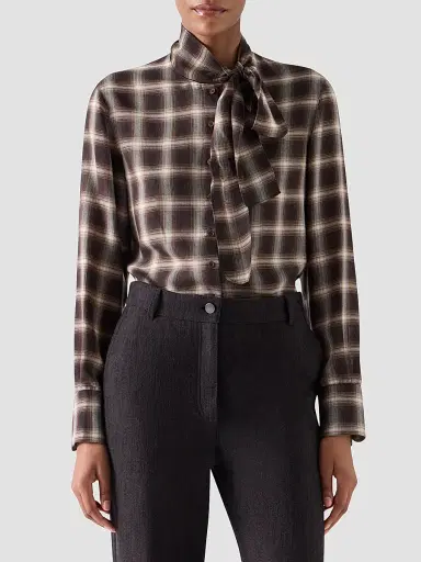 Akris punto Women's Plaid Bow Collar Blouse - Espresso Cashew - Size 16 | Thumbnail 4 Akris punto Women's Plaid Bow Collar Blouse - Espresso Cashew - Size 16 | Thumbnail 4