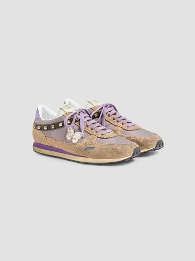 Valentino Garavani Men's Stud Up Sneaker in Split Leather and Nylon with Butterfly Embroidery - Lilac Multicolor | Thumbnail 2 Valentino Garavani Men's Stud Up Sneaker in Split Leather and Nylon with Butterfly Embroidery - Lilac Multicolor | Thumbnail 2