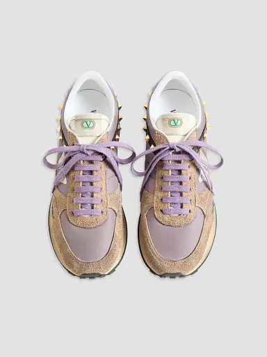 Valentino Garavani Men's Stud Up Sneaker in Split Leather and Nylon with Butterfly Embroidery - Lilac Multicolor | Thumbnail 3 Valentino Garavani Men's Stud Up Sneaker in Split Leather and Nylon with Butterfly Embroidery - Lilac Multicolor | Thumbnail 3