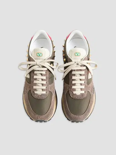 Valentino Garavani Men's Stud Up Sneakers in Split Leather and Nylon with Butterfly Embroidery - Olive Green Multicolour | Thumbnail 3 Valentino Garavani Men's Stud Up Sneakers in Split Leather and Nylon with Butterfly Embroidery - Olive Green Multicolour | Thumbnail 3
