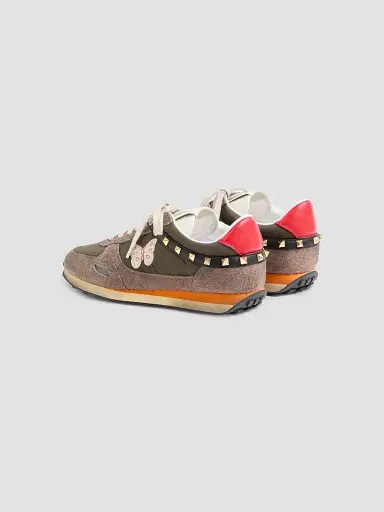 Valentino Garavani Men's Stud Up Sneakers in Split Leather and Nylon with Butterfly Embroidery - Olive Green Multicolour | Thumbnail 4 Valentino Garavani Men's Stud Up Sneakers in Split Leather and Nylon with Butterfly Embroidery - Olive Green Multicolour | Thumbnail 4