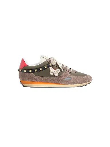 Valentino Garavani Men's Stud Up Sneakers in Split Leather and Nylon with Butterfly Embroidery - Olive Green Multicolour | Thumbnail 1 Valentino Garavani Men's Stud Up Sneakers in Split Leather and Nylon with Butterfly Embroidery - Olive Green Multicolour | Thumbnail 1
