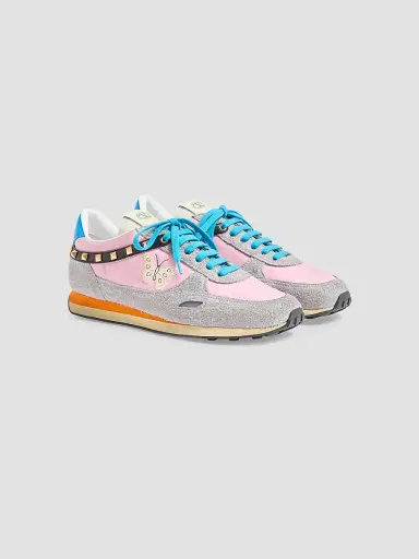 Valentino Garavani Men's Stud Up Sneaker in Split Leather and Nylon with Butterfly Embroidery - Pink Multicolor | Thumbnail 2 Valentino Garavani Men's Stud Up Sneaker in Split Leather and Nylon with Butterfly Embroidery - Pink Multicolor | Thumbnail 2