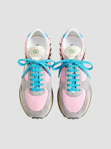 Valentino Garavani Men's Stud Up Sneaker in Split Leather and Nylon with Butterfly Embroidery - Pink Multicolor | Thumbnail 3 Valentino Garavani Men's Stud Up Sneaker in Split Leather and Nylon with Butterfly Embroidery - Pink Multicolor | Thumbnail 3