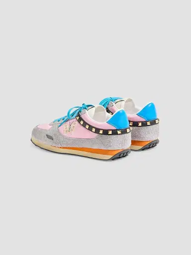 Valentino Garavani Men's Stud Up Sneaker in Split Leather and Nylon with Butterfly Embroidery - Pink Multicolor | Thumbnail 4 Valentino Garavani Men's Stud Up Sneaker in Split Leather and Nylon with Butterfly Embroidery - Pink Multicolor | Thumbnail 4