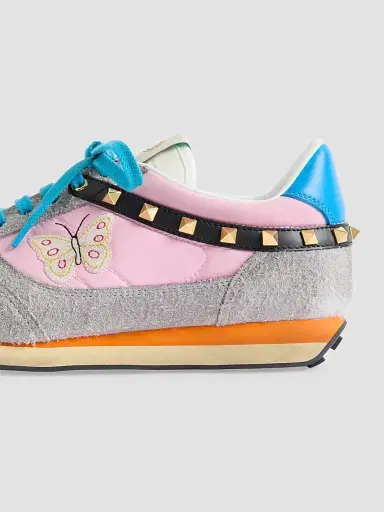 Valentino Garavani Men's Stud Up Sneaker in Split Leather and Nylon with Butterfly Embroidery - Pink Multicolor | Thumbnail 5 Valentino Garavani Men's Stud Up Sneaker in Split Leather and Nylon with Butterfly Embroidery - Pink Multicolor | Thumbnail 5