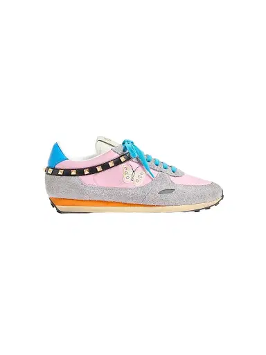 Valentino Garavani Men's Stud Up Sneaker in Split Leather and Nylon with Butterfly Embroidery - Pink Multicolor | Thumbnail 1 Valentino Garavani Men's Stud Up Sneaker in Split Leather and Nylon with Butterfly Embroidery - Pink Multicolor | Thumbnail 1