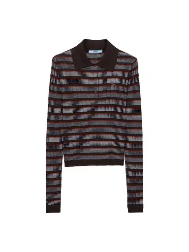 Prada Women's Striped Cashmere and Silk Polo Shirt - Brown - Size 10 | Thumbnail 1 Prada Women's Striped Cashmere and Silk Polo Shirt - Brown - Size 10 | Thumbnail 1