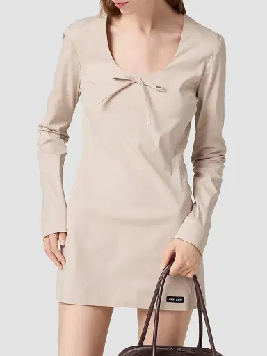 Miu Miu Women's Stretch Poplin Mini Dress - Beige Khaki | Thumbnail 3 Miu Miu Women's Stretch Poplin Mini Dress - Beige Khaki | Thumbnail 3