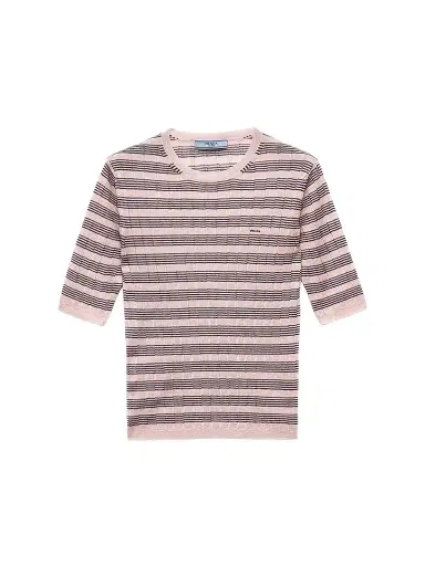 Prada Women's Short-Sleeved Striped Cashmere and Silk Sweater - Pink - Size 8 | Thumbnail 1 Prada Women's Short-Sleeved Striped Cashmere and Silk Sweater - Pink - Size 8 | Thumbnail 1