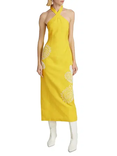 Significant Other Women's Carly Embroidered Linen-Blend Halterneck Midi-Dress - Lemon | Thumbnail 3 Significant Other Women's Carly Embroidered Linen-Blend Halterneck Midi-Dress - Lemon | Thumbnail 3