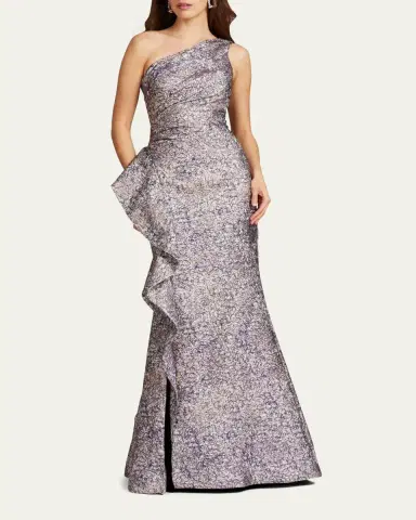 Rickie Freeman for Teri Jon One-Shoulder Jacquard Side-Ruffle Gown | Thumbnail 2 Rickie Freeman for Teri Jon One-Shoulder Jacquard Side-Ruffle Gown | Thumbnail 2