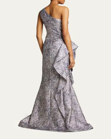 Rickie Freeman for Teri Jon One-Shoulder Jacquard Side-Ruffle Gown | Thumbnail 3 Rickie Freeman for Teri Jon One-Shoulder Jacquard Side-Ruffle Gown | Thumbnail 3