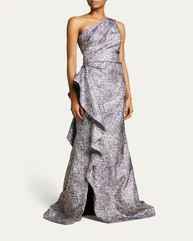Rickie Freeman for Teri Jon One-Shoulder Jacquard Side-Ruffle Gown | Thumbnail 4 Rickie Freeman for Teri Jon One-Shoulder Jacquard Side-Ruffle Gown | Thumbnail 4