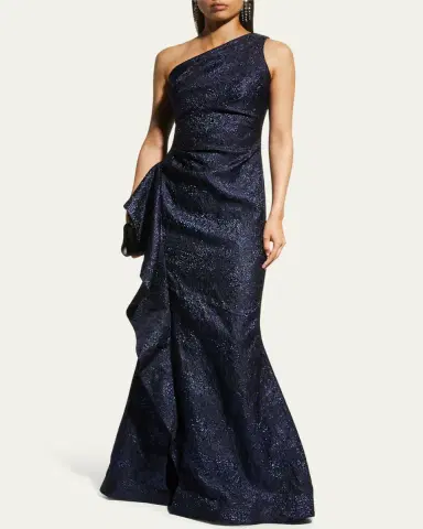 Rickie Freeman for Teri Jon One-Shoulder Jacquard Side-Ruffle Gown | Thumbnail 2 Rickie Freeman for Teri Jon One-Shoulder Jacquard Side-Ruffle Gown | Thumbnail 2