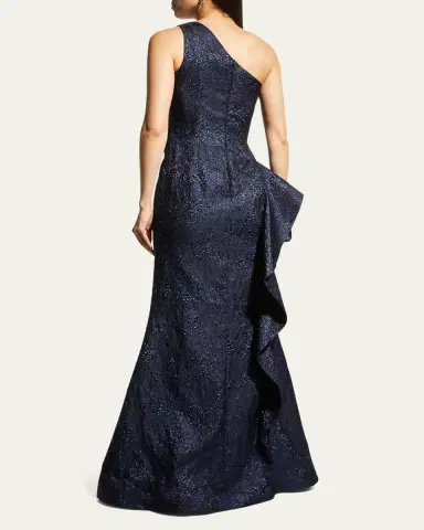 Rickie Freeman for Teri Jon One-Shoulder Jacquard Side-Ruffle Gown | Thumbnail 3 Rickie Freeman for Teri Jon One-Shoulder Jacquard Side-Ruffle Gown | Thumbnail 3