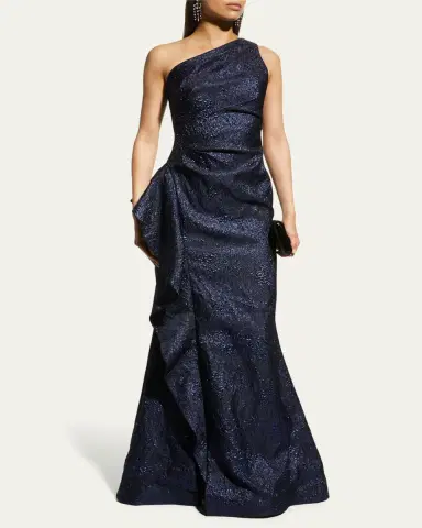 Rickie Freeman for Teri Jon One-Shoulder Jacquard Side-Ruffle Gown | Thumbnail 4 Rickie Freeman for Teri Jon One-Shoulder Jacquard Side-Ruffle Gown | Thumbnail 4