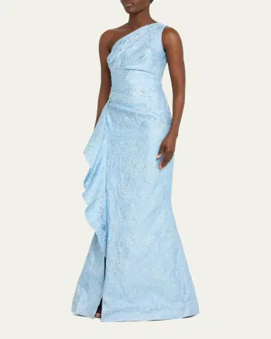 Rickie Freeman for Teri Jon One-Shoulder Jacquard Side-Ruffle Gown | Thumbnail 8 Rickie Freeman for Teri Jon One-Shoulder Jacquard Side-Ruffle Gown | Thumbnail 8