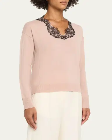 Valentino Garavani Lace-Trim V-Neck Cashmere Sweater | Thumbnail 4 Valentino Garavani Lace-Trim V-Neck Cashmere Sweater | Thumbnail 4