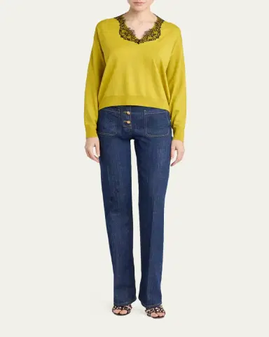 Valentino Garavani Lace-Trim V-Neck Cashmere Sweater | Thumbnail 6 Valentino Garavani Lace-Trim V-Neck Cashmere Sweater | Thumbnail 6