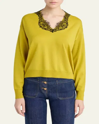 Valentino Garavani Lace-Trim V-Neck Cashmere Sweater | Thumbnail 8 Valentino Garavani Lace-Trim V-Neck Cashmere Sweater | Thumbnail 8
