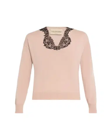 Valentino Garavani Lace-Trim V-Neck Cashmere Sweater | Thumbnail 1 Valentino Garavani Lace-Trim V-Neck Cashmere Sweater | Thumbnail 1