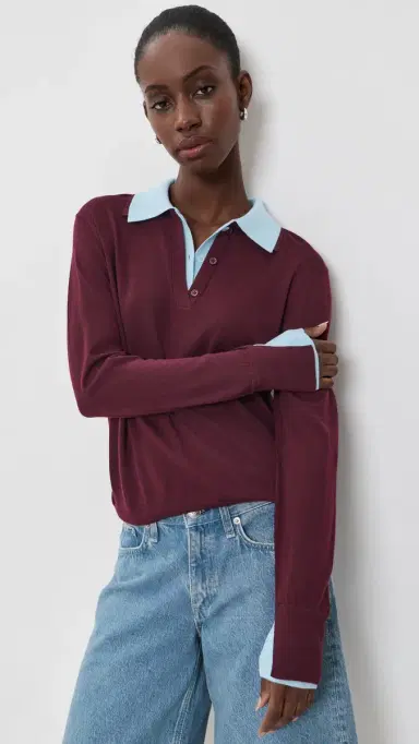 White + Warren Superfine Merino Wool Layered Polo Black Cherry/ight Blue Trim | Thumbnail 2 White + Warren Superfine Merino Wool Layered Polo Black Cherry/ight Blue Trim | Thumbnail 2