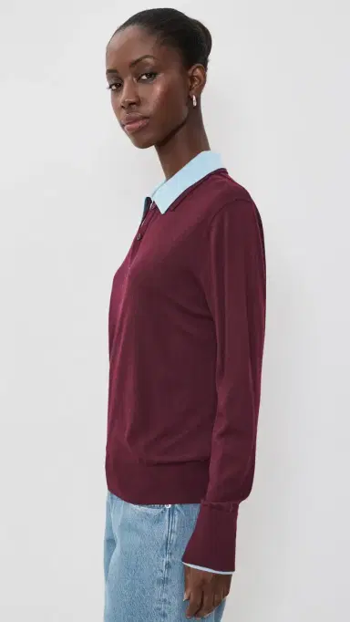 White + Warren Superfine Merino Wool Layered Polo Black Cherry/ight Blue Trim | Thumbnail 4 White + Warren Superfine Merino Wool Layered Polo Black Cherry/ight Blue Trim | Thumbnail 4