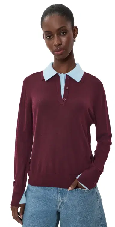 White + Warren Superfine Merino Wool Layered Polo Black Cherry/ight Blue Trim | Thumbnail 1 White + Warren Superfine Merino Wool Layered Polo Black Cherry/ight Blue Trim | Thumbnail 1