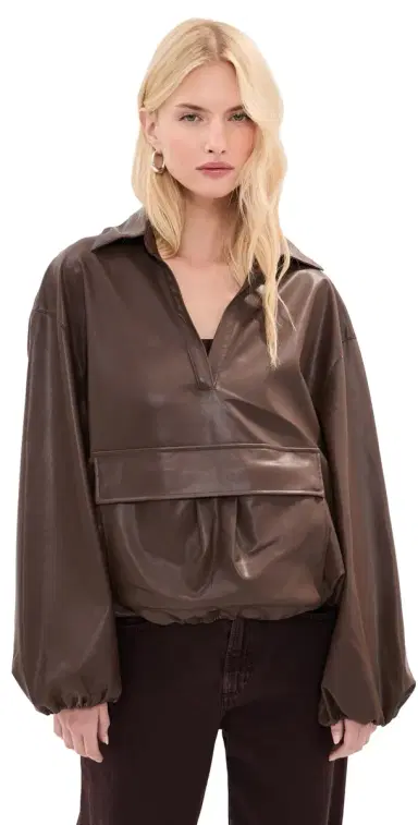 LE BOP Pippa Faux eather Pullover with Front Pocket Coffee | Thumbnail 1 LE BOP Pippa Faux eather Pullover with Front Pocket Coffee | Thumbnail 1
