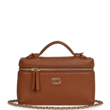 Chanel Chanel "Supple" Top Handle Long Vanity Case with Chain Camel Grained Calfskin Gold Hardware | Thumbnail 1 Chanel Chanel "Supple" Top Handle Long Vanity Case with Chain Camel Grained Calfskin Gold Hardware | Thumbnail 1