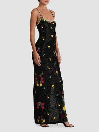 Alice + Olivia Women's Julia Beaded Floral Sequin Column Gown - Desert Sprigs Black | Thumbnail 6 Alice + Olivia Women's Julia Beaded Floral Sequin Column Gown - Desert Sprigs Black | Thumbnail 6