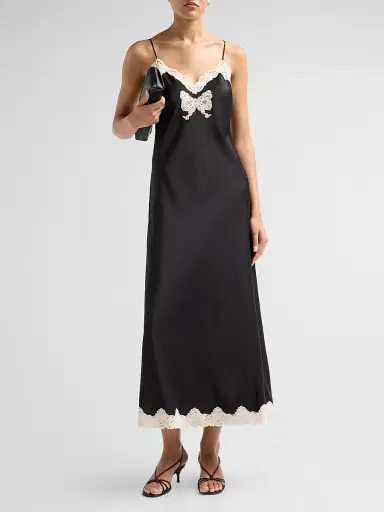 LoveShackFancy Women's Lomira Lace-Trim Crepe Midi Dress - Black | Thumbnail 2 LoveShackFancy Women's Lomira Lace-Trim Crepe Midi Dress - Black | Thumbnail 2