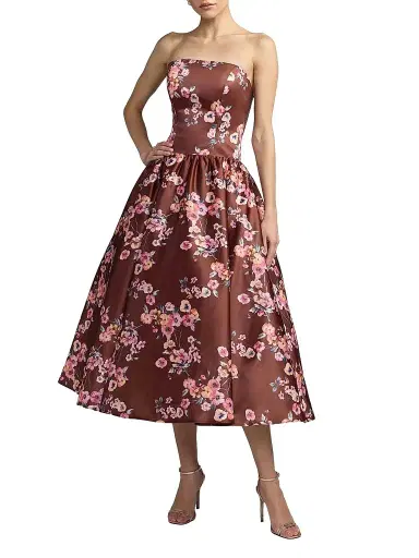 Mac Duggal Women's Floral Satin Drop Waist Midi Dress | Thumbnail 1 Mac Duggal Women's Floral Satin Drop Waist Midi Dress | Thumbnail 1