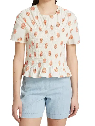 Baum und Pferdgarten Women's Mynowa Smocked Cotton Top - Modern Orange Flower | Thumbnail 3 Baum und Pferdgarten Women's Mynowa Smocked Cotton Top - Modern Orange Flower | Thumbnail 3