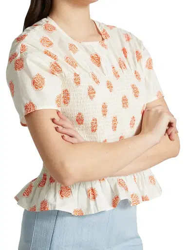 Baum und Pferdgarten Women's Mynowa Smocked Cotton Top - Modern Orange Flower | Thumbnail 6 Baum und Pferdgarten Women's Mynowa Smocked Cotton Top - Modern Orange Flower | Thumbnail 6