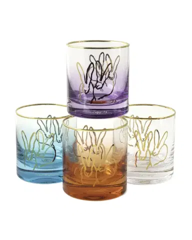 Hunt Slonem Jewel Tone Double Bunny 10 oz. Old-Fashioned Glasses, Set of 4 | Thumbnail 1 Hunt Slonem Jewel Tone Double Bunny 10 oz. Old-Fashioned Glasses, Set of 4 | Thumbnail 1