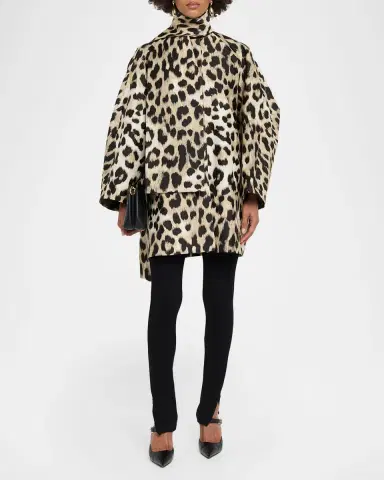 Givenchy Leopard Jacquard Short Cocoon Coat With Scarf | Thumbnail 2 Givenchy Leopard Jacquard Short Cocoon Coat With Scarf | Thumbnail 2