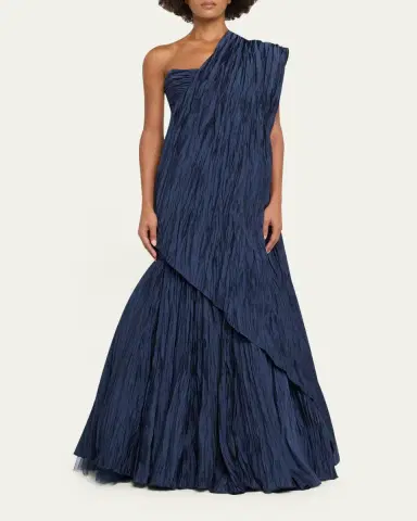 Marmar Halim One-Shoulder Drape Pleated Satin Trumpet Gown | Thumbnail 2 Marmar Halim One-Shoulder Drape Pleated Satin Trumpet Gown | Thumbnail 2