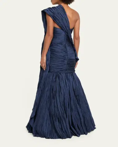 Marmar Halim One-Shoulder Drape Pleated Satin Trumpet Gown | Thumbnail 3 Marmar Halim One-Shoulder Drape Pleated Satin Trumpet Gown | Thumbnail 3