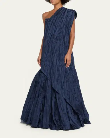 Marmar Halim One-Shoulder Drape Pleated Satin Trumpet Gown | Thumbnail 4 Marmar Halim One-Shoulder Drape Pleated Satin Trumpet Gown | Thumbnail 4