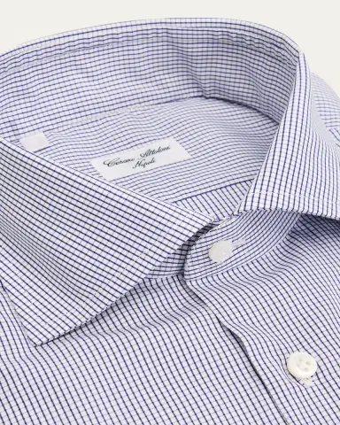 Cesare Attolini Men's Micro-Grid Check Cotton Dress Shirt | Thumbnail 2 Cesare Attolini Men's Micro-Grid Check Cotton Dress Shirt | Thumbnail 2