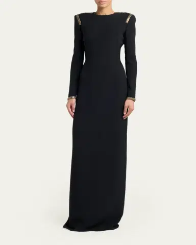 Tom Ford Long-Sleeve Chainmail-Trim Silk Column Gown | Thumbnail 2 Tom Ford Long-Sleeve Chainmail-Trim Silk Column Gown | Thumbnail 2