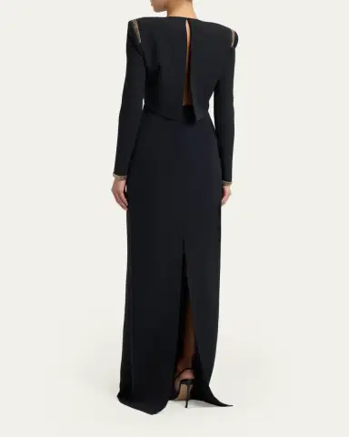 Tom Ford Long-Sleeve Chainmail-Trim Silk Column Gown | Thumbnail 3 Tom Ford Long-Sleeve Chainmail-Trim Silk Column Gown | Thumbnail 3
