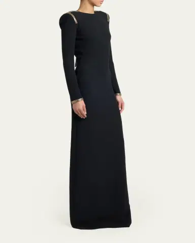 Tom Ford Long-Sleeve Chainmail-Trim Silk Column Gown | Thumbnail 4 Tom Ford Long-Sleeve Chainmail-Trim Silk Column Gown | Thumbnail 4
