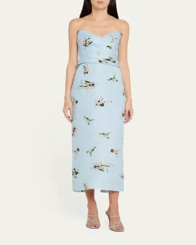 Monique Lhuillier Strapless Posie Print Silk Midi Cocktail Dress | Thumbnail 2 Monique Lhuillier Strapless Posie Print Silk Midi Cocktail Dress | Thumbnail 2