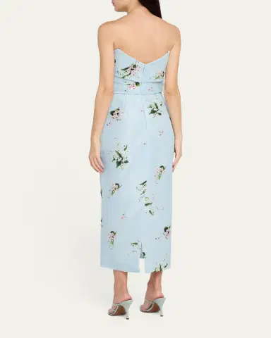 Monique Lhuillier Strapless Posie Print Silk Midi Cocktail Dress | Thumbnail 3 Monique Lhuillier Strapless Posie Print Silk Midi Cocktail Dress | Thumbnail 3