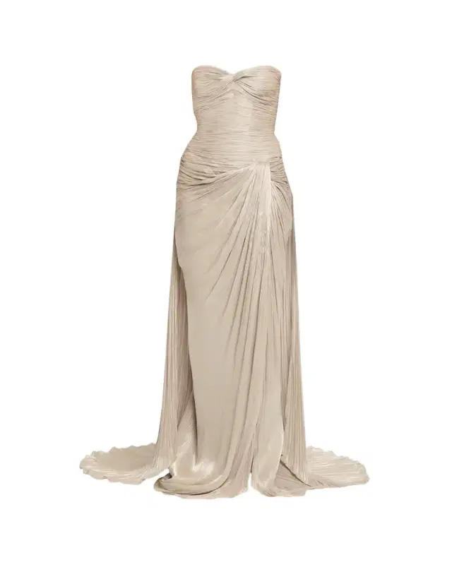 Strapless Metallic Plisse Draped Slit Gown Strapless Metallic Plisse Draped Slit Gown